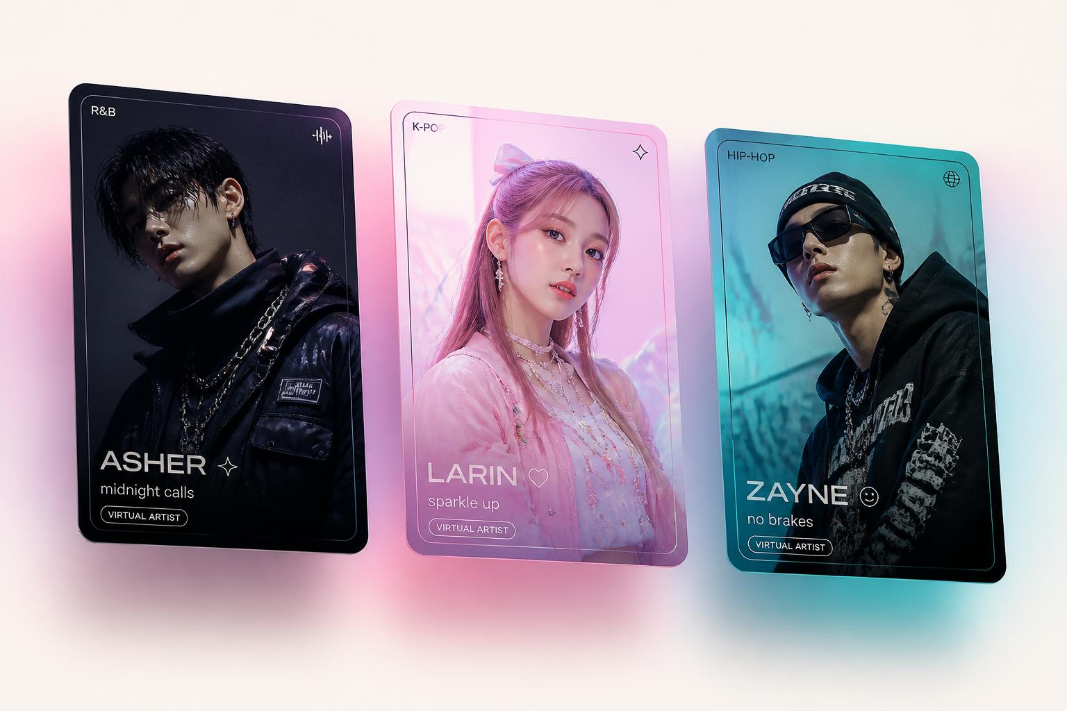 Three virtual artist cards across R&B, K-pop and hip-hop